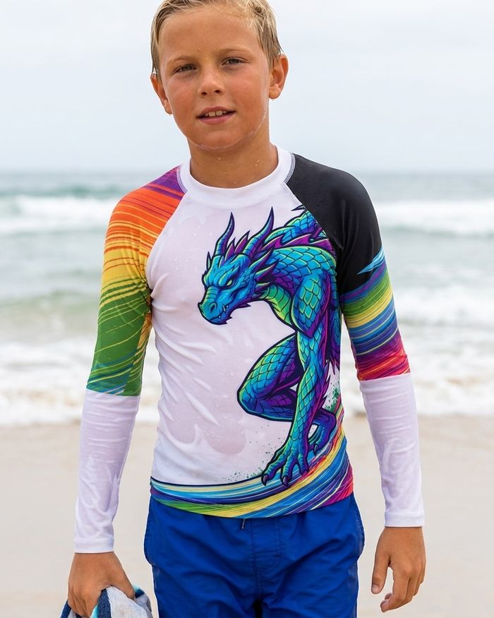 Rashguard — Boys Neon Dragon Surfer (white)