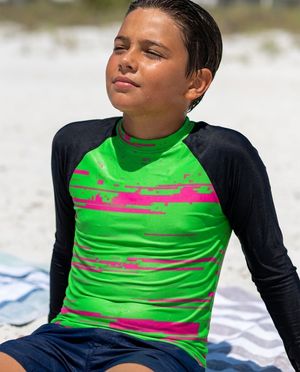 Boys Green Magenta Mosaic boys youth rashguards