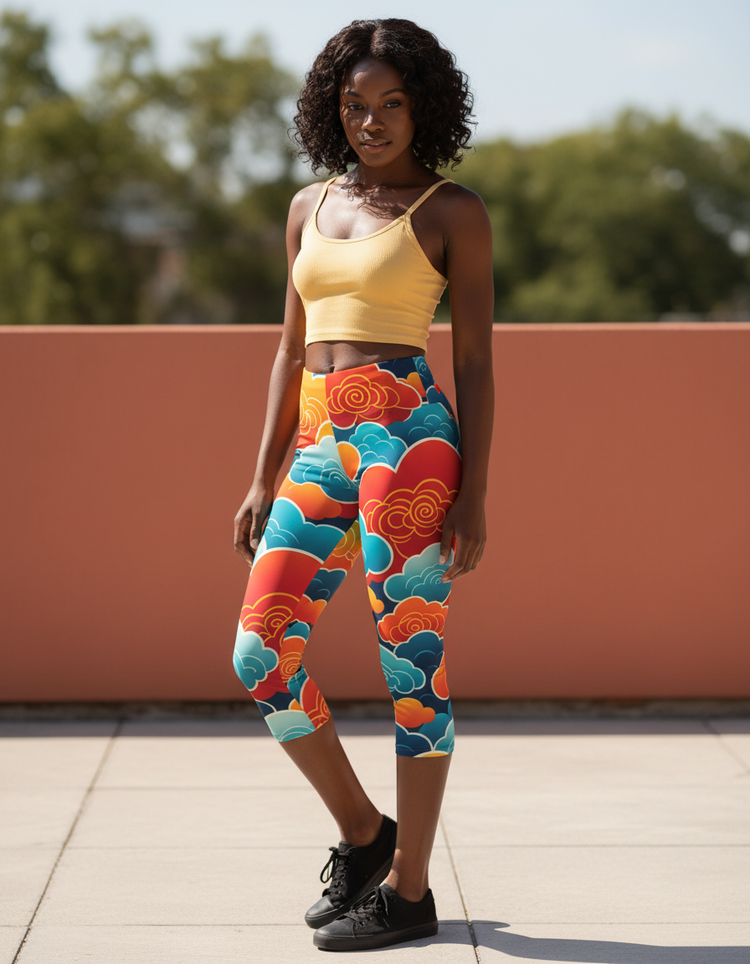 Women's Chinese Cloud Motif Capri Leggings
