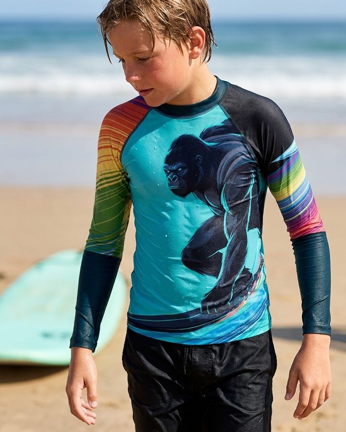 Rashguard — Boys Neon Gorilla Surfer (turquoise)