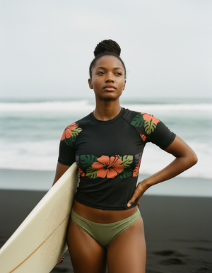 Women's Luau Floral Black Pua women's short-sleeve rashguards