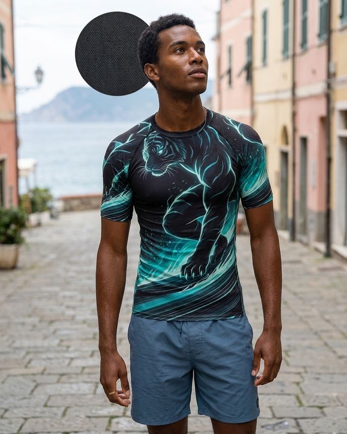 Rashguard — Men's Turquoise Neon Tiger Surfer