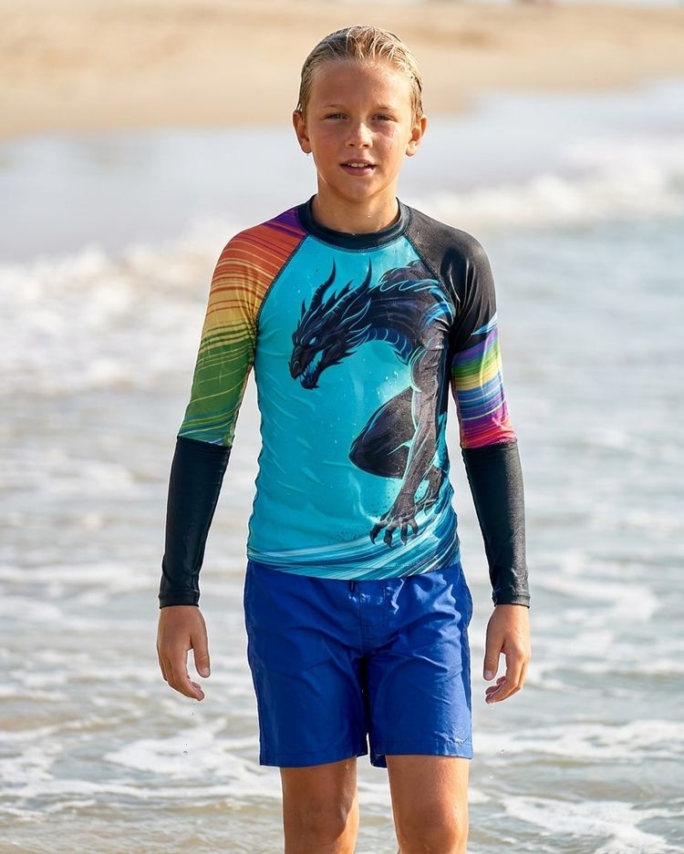 Boys Neon Dragon Surfer (turquoise) boys rashguards