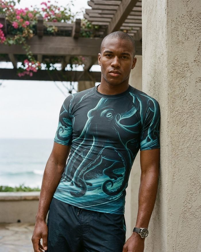 Rashguard — Men's Turquoise Neon Octopus Surfer