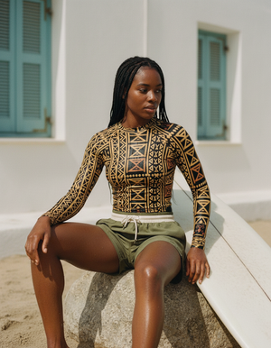 Women's Black / Sunset Earth Kapa Tapa women's short-sleeve rashguards