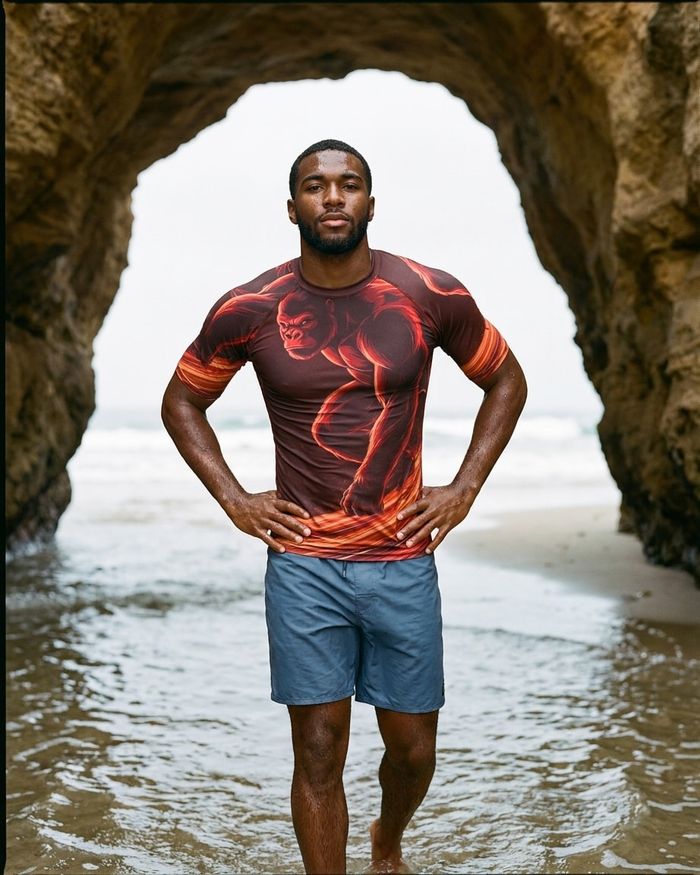 Rashguard — Men's Fiery Red Neon Gorilla Surfer