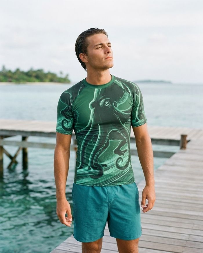 Rashguard — Men's Runway Emerald Neon Octopus Surfer