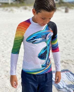 Boys Neon Shark Surfer (white) boys youth rashguards