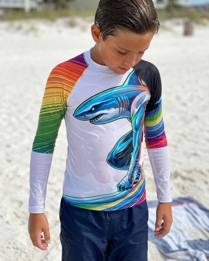 Rashguard — Boys Neon Shark Surfer (white)
