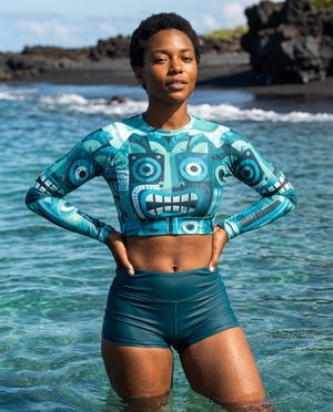 Women's Turquoise Moai women's crop-top rashguards