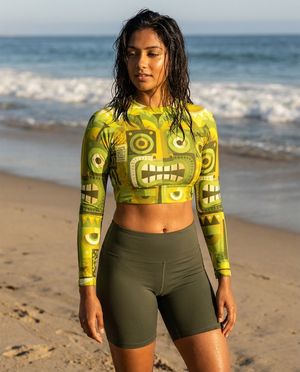 Women's Runway Chartreuse Moai women's crop-top rashguards