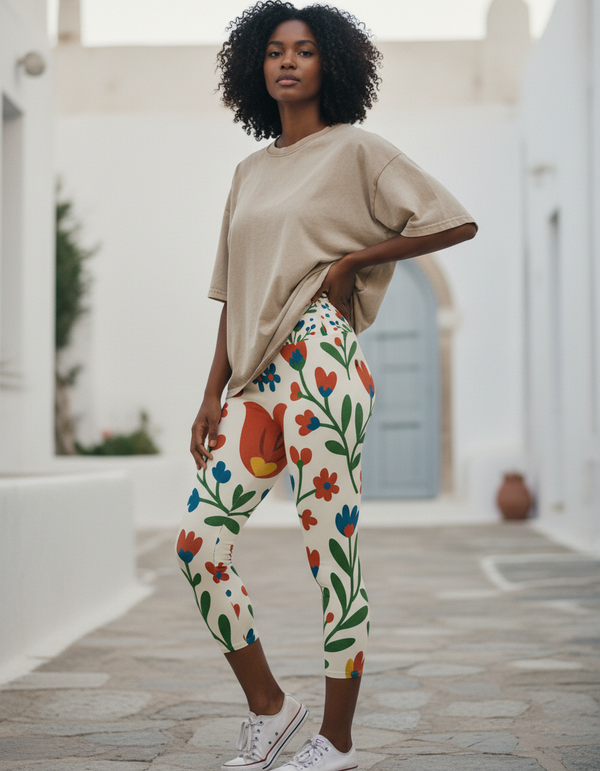 Bohemian Folk Embroidery capri yoga leggings