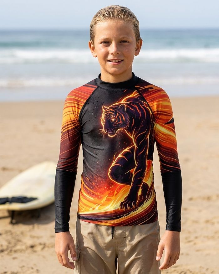 Rashguard — Boys Neon Tiger Surfer