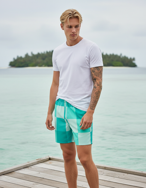 Turquoise Pixel men's swim trunks