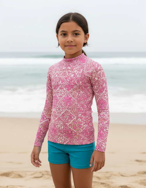 Kids Millennial Pink Zellige Rash Guard Kids Rash Guard — Lolekai