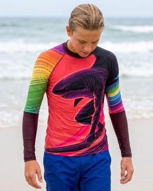 Boys Neon Shark Surfer (coral) boys youth rashguards