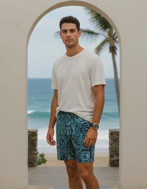 Transformative Teal Solstice men's swim trunks