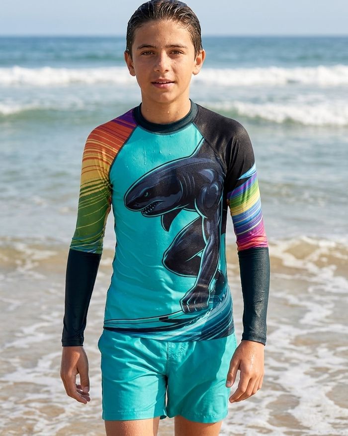 Rashguard — Boys Neon Shark Surfer (turquoise)
