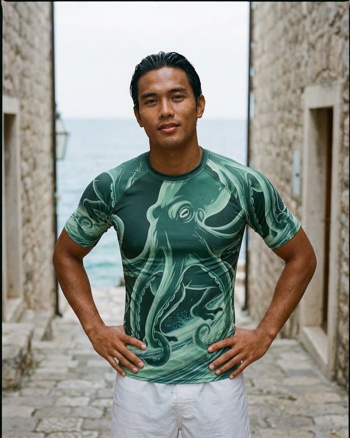 Rashguard — Men's Jelly Mint Neon Octopus Surfer