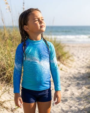 Girls Turquoise to Electric Blue Pixelate Youth Rash Guard Youth Rash Guard — Lolekai