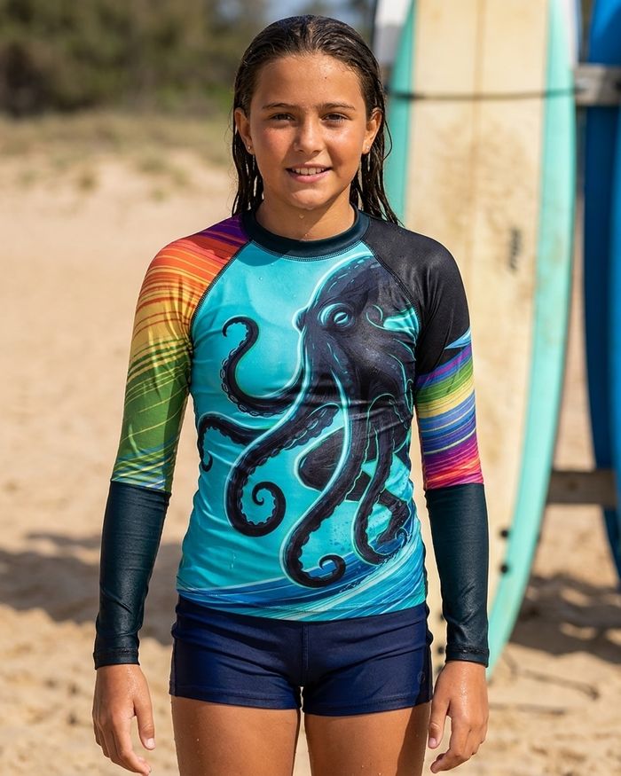 Rashguard — Girls Neon Octopus Surfer (turquoise)