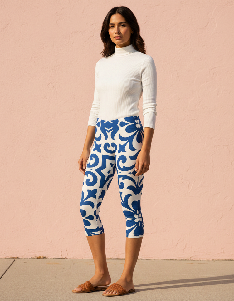 Women's Lisbon-Blue Azulejo Capri Leggings