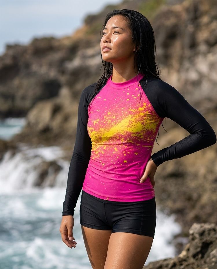 Women's Magenta Yellow Pixelate women's short-sleeve rashguards