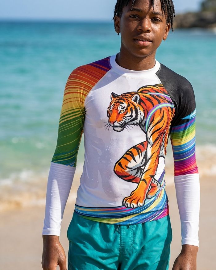 Rashguard — Boys Neon Tiger Surfer (white)