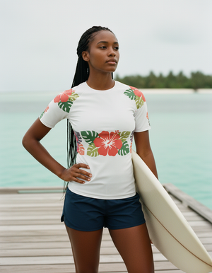 Women's Island Bloom White Pua women's short-sleeve rashguards