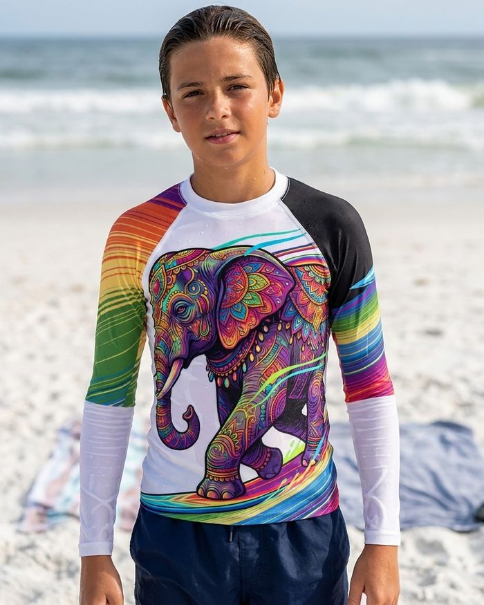 Rashguard — Boys Neon Elephant Surfer (white)