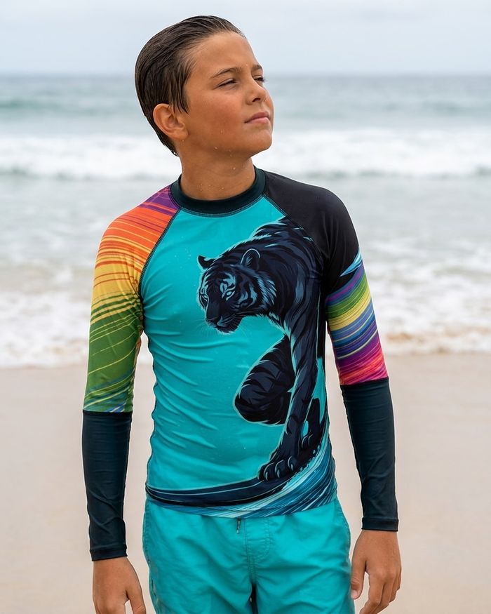 Rashguard — Boys Neon Tiger Surfer (turquoise)