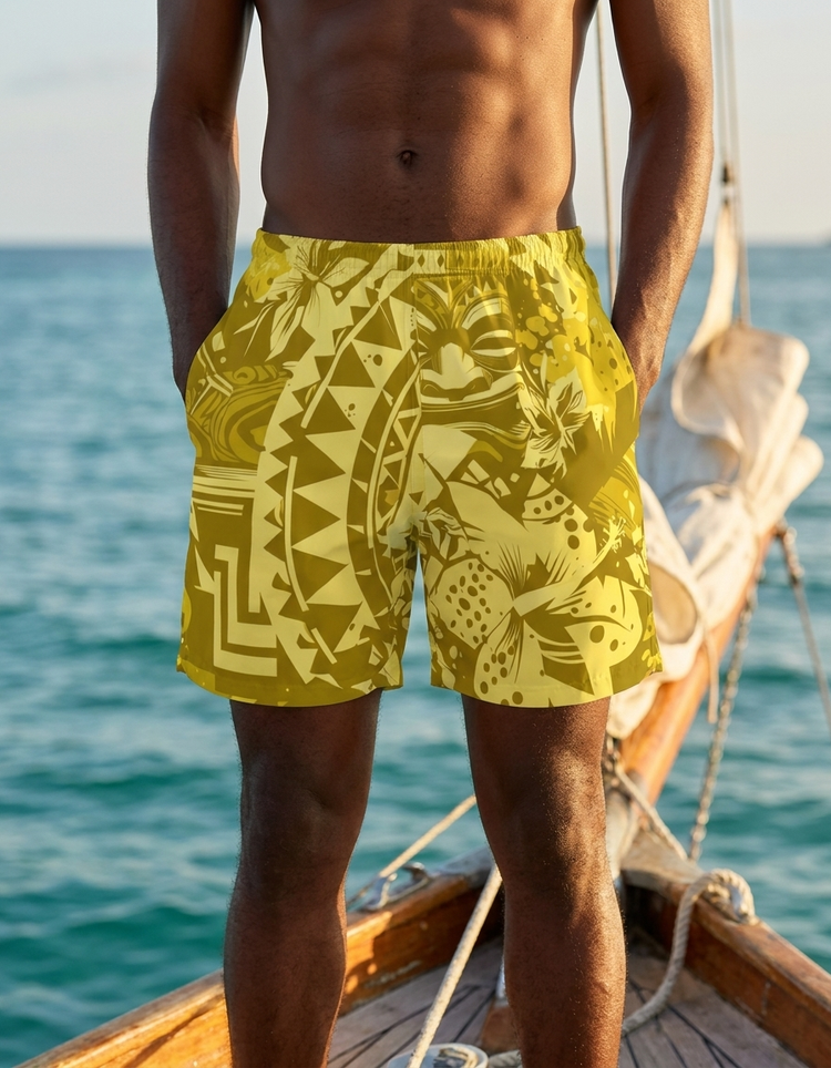 Lemon Yellow Koa Lehua men's swim trunks