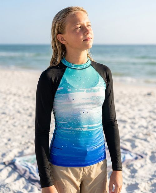 Girls Turquoise to Electric Blue Mosaic girls rashguards