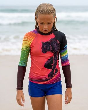 Girls Neon Tiger Surfer (coral) girls youth rashguards