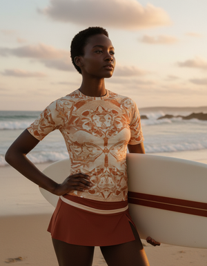 Women's Burnt Sienna Burst women's short-sleeve rashguards