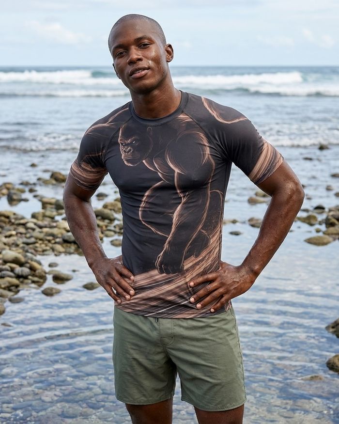 Rashguard — Men's Coffee Bean Neon Gorilla Surfer