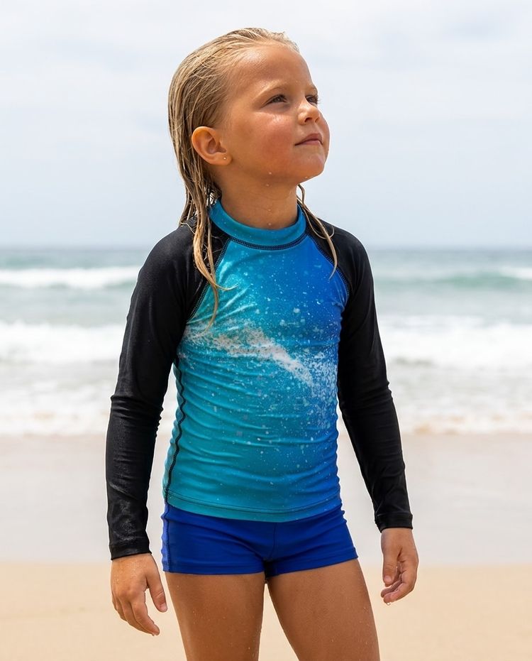 Girls Turquoise to Electric Blue Pixelate girls rashguards