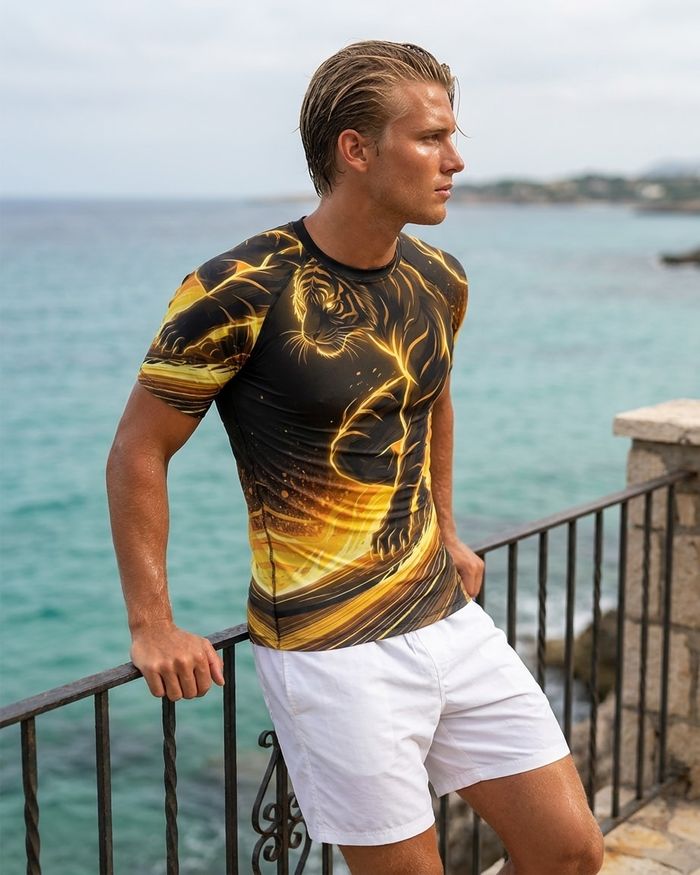 Rashguard — Men's Lemon Yellow Neon Tiger Surfer