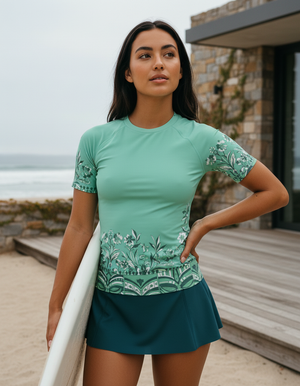 Women's Neon Aqua Tiki Elysian women's short-sleeve rashguards
