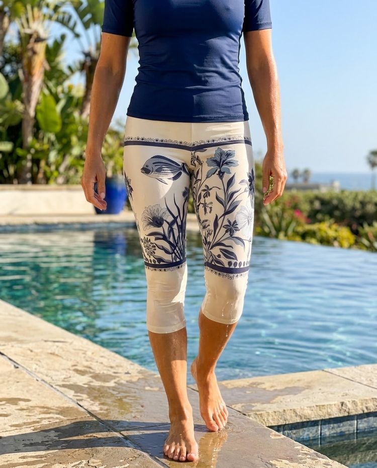 Porcelain Navy Chorus swim & gym capri leggings