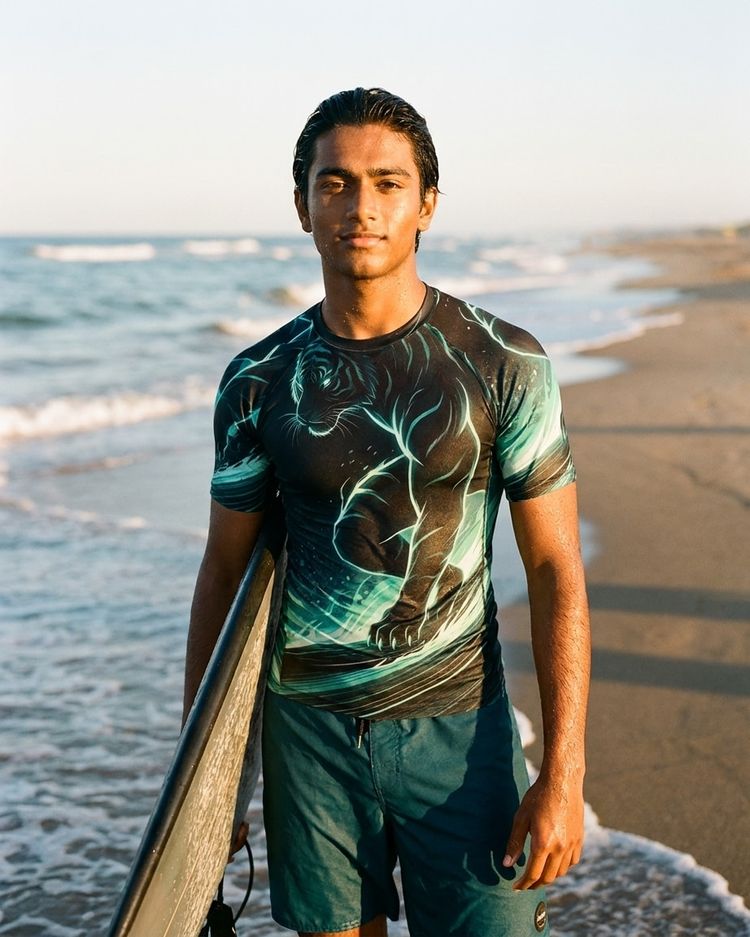 Men's Transformative Teal Neon Tiger Surfer men's rashguards