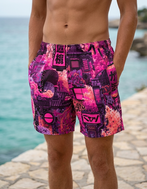 Electric Fuchsia Bakeneko men's swim trunks