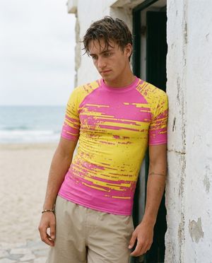 Men's Magenta Yellow Mosaic men's short-sleeve rashguards
