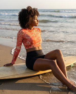 Women's Neon Coral Edo women's crop-top rashguards