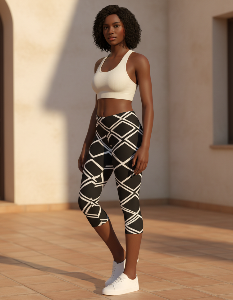 Women's Black and White Patterns Capri Leggings