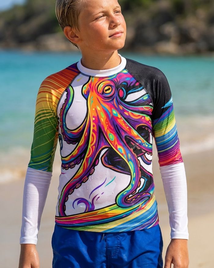 Rashguard — Boys Neon Octopus Surfer (white)