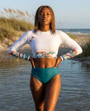 Women's White / Coral Aqua Leaping Naiʻa Crop Top Rash Guard bikini — Lolekai