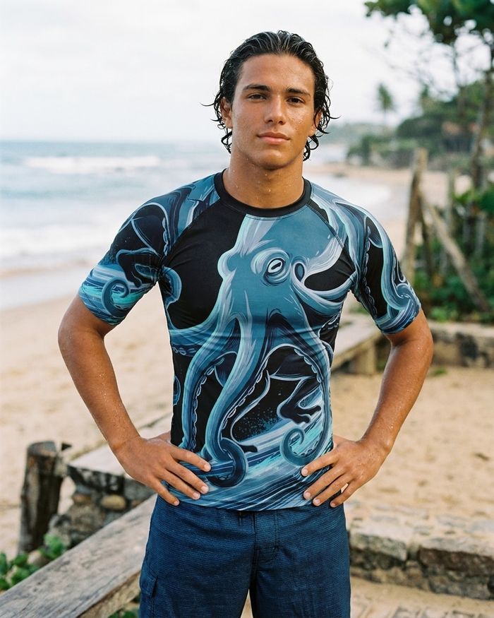 Rashguard — Men's Blue Aura Neon Octopus Surfer