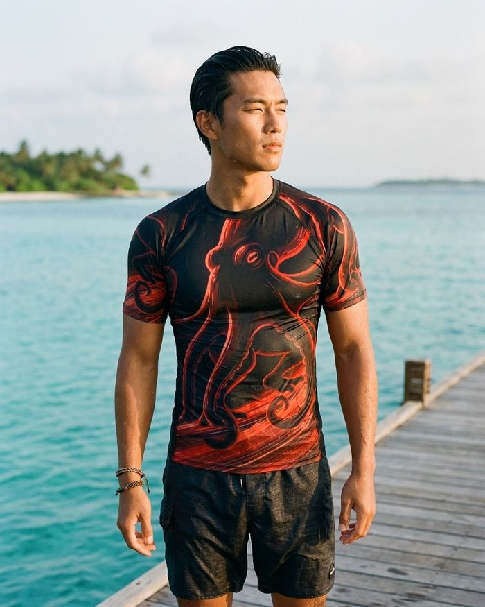 Rashguard — Men's Fiery Red Neon Octopus Surfer