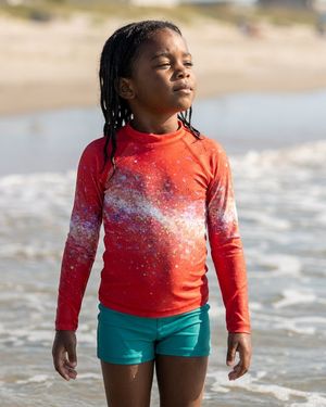 Girls Neon Coral Pixelate girls youth rashguards